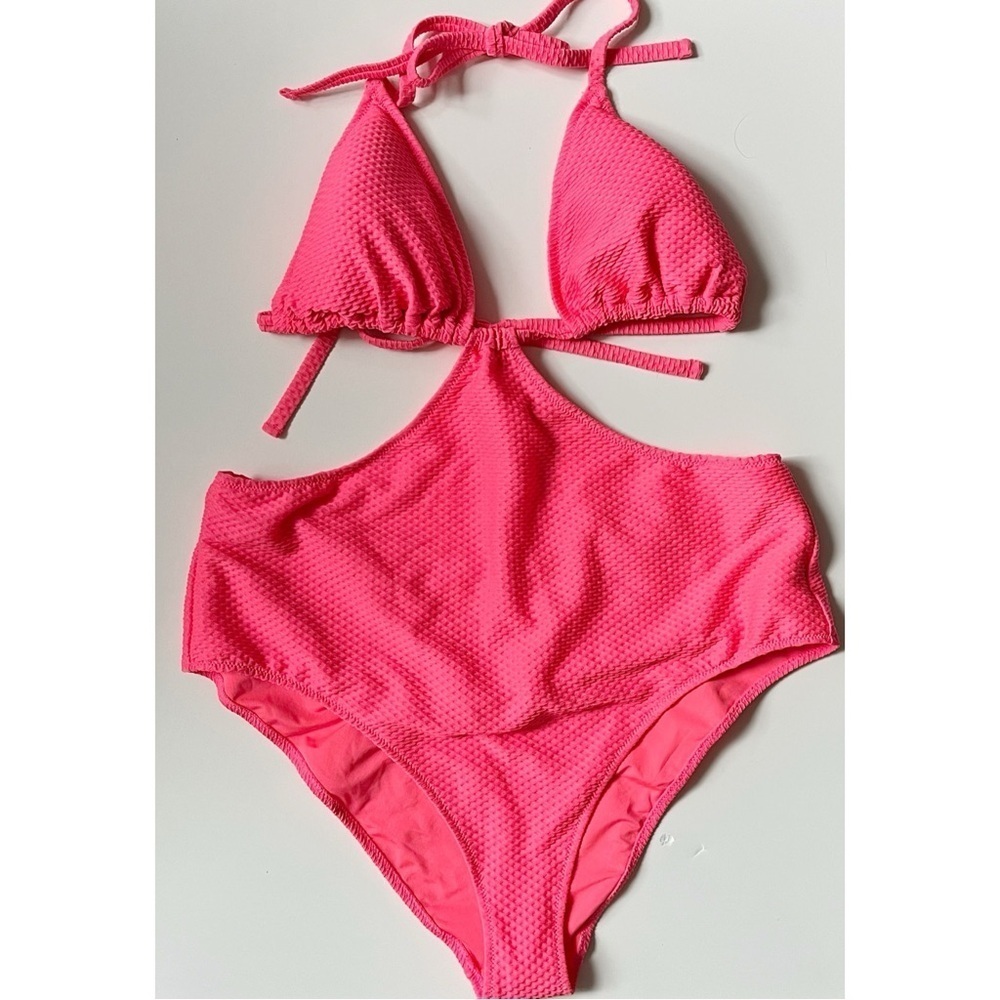 Aerie Jacquard Cut Out String One Piece Swimsuit NWT Coral Sun - Picture 7 of 11